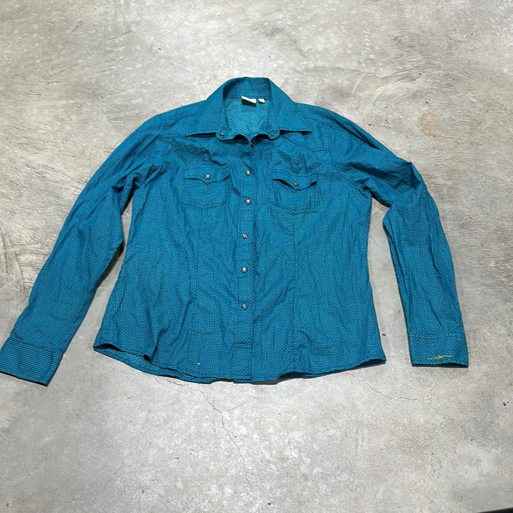 Rockies brand teal blue with yellow‎ dots design snap up shirt / Size L /C-67